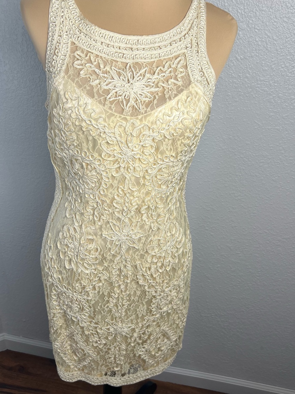 Cinderella Divine Cream Lace Embroidered Bodycon Dress Size L Wedding Guest Boho